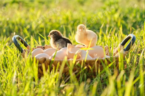 Preview: Basket with natural fresh organic eggs with two little newborn baby chickens
