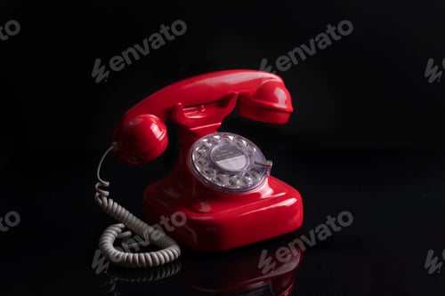 Preview: Closeup shot of a red vintage telephone with rotary dial