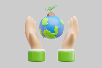 Preview: Two hands hold a globe with a plant sprouting from it.