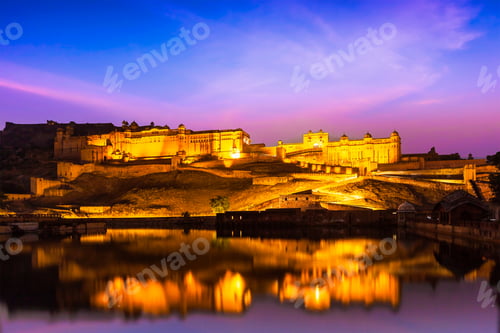 Preview: Amer Fort at night in twilight. Jaipur, Rajastan