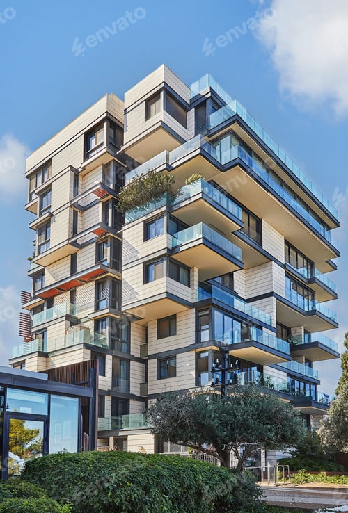 Preview: Luxurious house with balconies on boulevard near the sea with green spaces