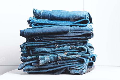 Preview: Stack of Blue Denim Jeans on White Surface