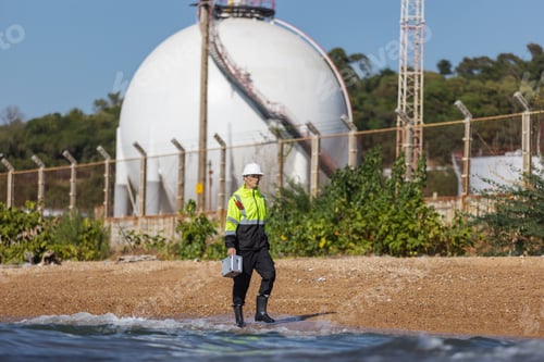 Preview: Field workers inspect the water conditions along the coast where industrial plants are located.