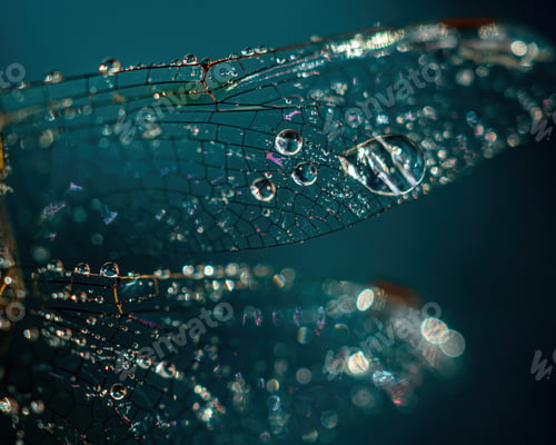 Preview: Background. Insect wing, dragonfly, macro, with dew drops on it , on a blue background