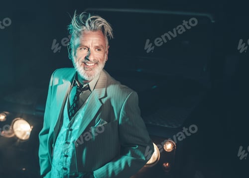 Preview: Elegant Middle Aged Man Posing In Formal Wear In Front Of His Four-Wheel Vehicle And Looking Into