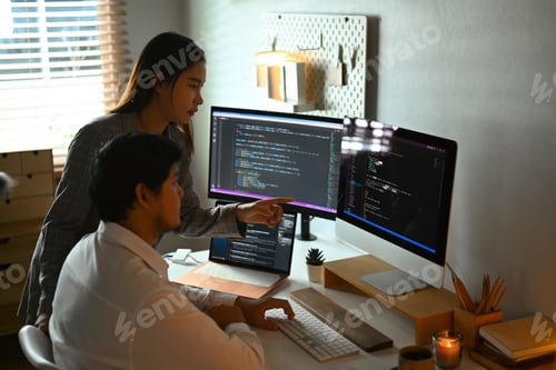 Preview: Male and female software developers sharing idea and discussing algorithms on computer screens