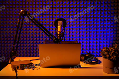 Preview: Home studio podcast interior. Microphone, table and chair