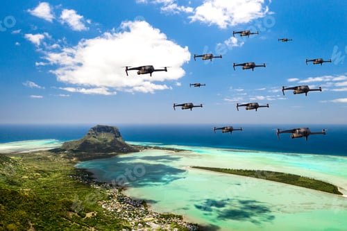 Preview: Drones fly over the island of Mauritius in the Indian Ocean. A natural landscape with drones flying
