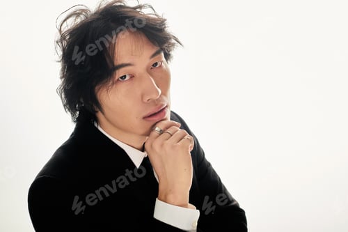 Preview: Stylish young Asian man poses thoughtfully in modern attire against a bright backdrop
