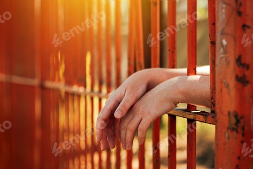 Preview: Female hands behind prison yard bars