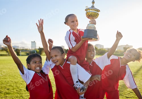 Preview: Trophy, winner and football children with success, winning and excited celebration for sports compe