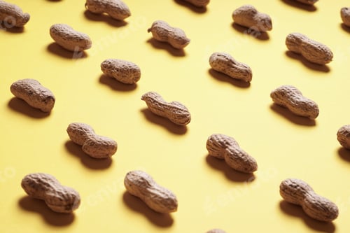 Preview: peanuts arranged in rows on yellow background