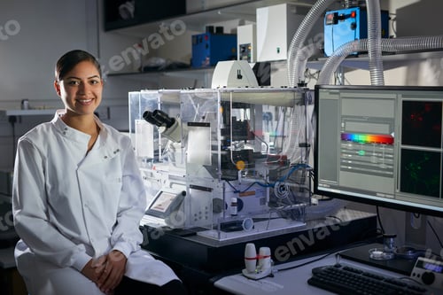 Preview: Portrait of scientist in laboratory looking at camera smiling