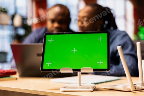 Preview: Black man and woman having problems with home internet next to mockup screen