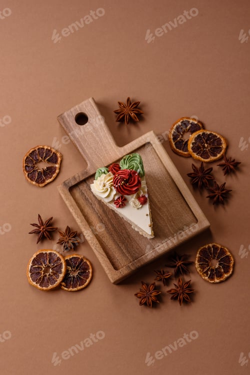 Preview: A slice of sweet layered cake with white cream for a birthday or holiday. A slice of cake