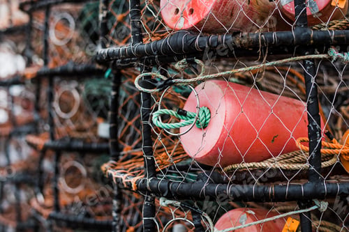Preview: Crab and lobster pots stacked up on the quayside, close up.