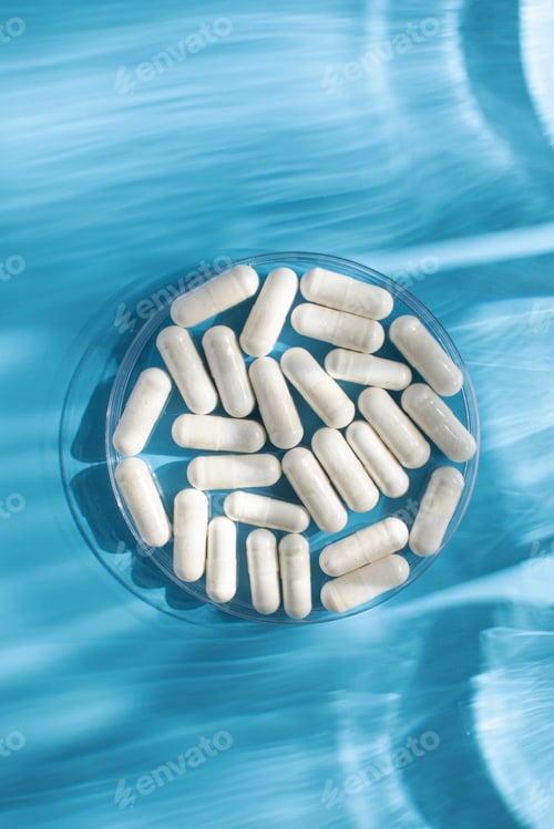 Preview: White medicinal capsules, vitamins or dietary supplements in close-up on a blue background. Medicine