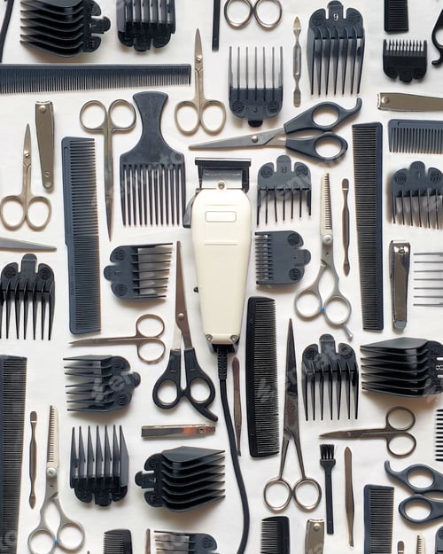 Vista previa: Overhead view of hair grooming equipment with scissors,clippers and combs on white background
