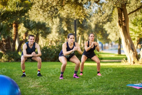 Preview: Group training doing squats in sunny park