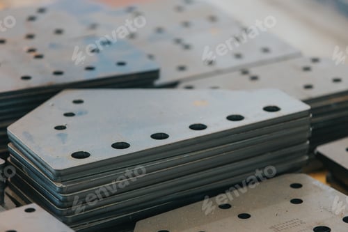 Preview: Bunch of different kinds of connecting plates stacked in neat piles