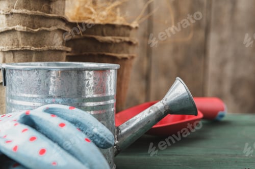Preview: Gardening accessories on a rustic wooden background