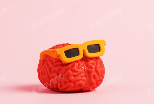 Preview: Human brain model wearing sunglasses on pink background. Minimal art poster.