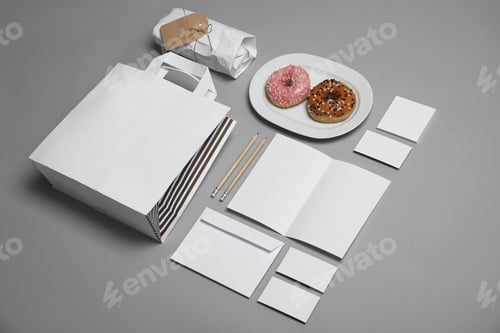 Preview: Composition with items for mock up design on gray background. Food delivery service