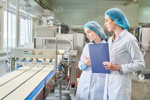 Preview: Control specialists of food plant analyzing work of conveyor