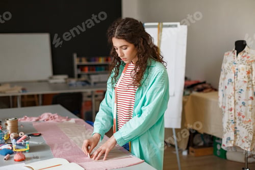 Preview: Young tailor thoughtfully drawing with soap on textile working i