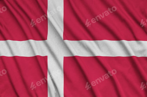 Preview: Denmark flag is depicted on a sports cloth fabric with many folds. Sport team waving banner