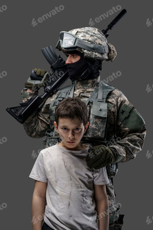 Preview: Shot of young kid and brave army man with rifle
