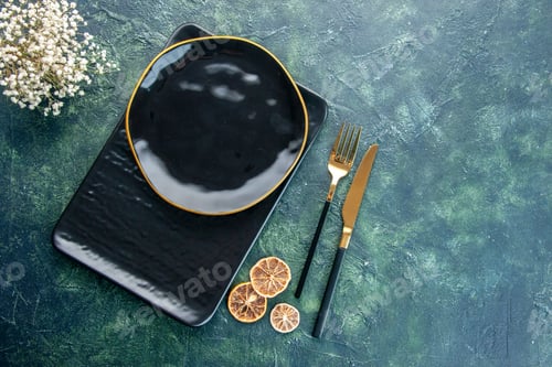 Preview: top view black plates round and square shaped on dark background meal dinner silver food restaurant