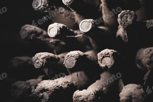 Preview: aged wine bottles covered with mold in vintage wine cellar