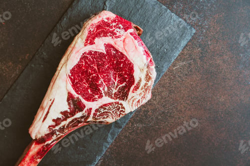 Preview: Top view of raw dry-aged marble beef steak Tomahawk. Flat lay, cooking concept.