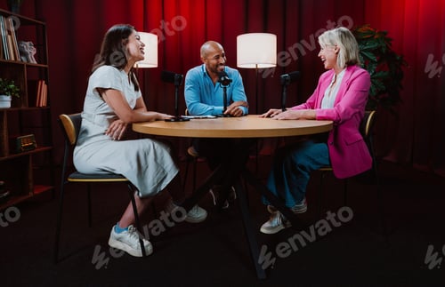 Preview: Group of three diverse hosts having a podcast discussion
