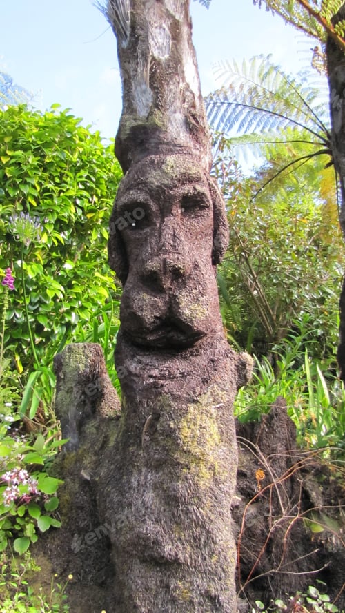 Preview: A tree with a dog face carved into it like a totem pole