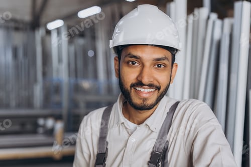Preview: Portrait of a happy Indian worker in a white hard hat and overalls holding a hydraulic truck