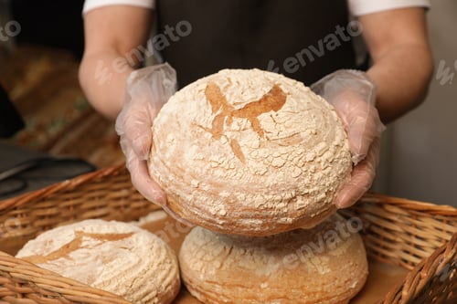 Preview: Professional baker holding loaf of bread over tray in store, closeup