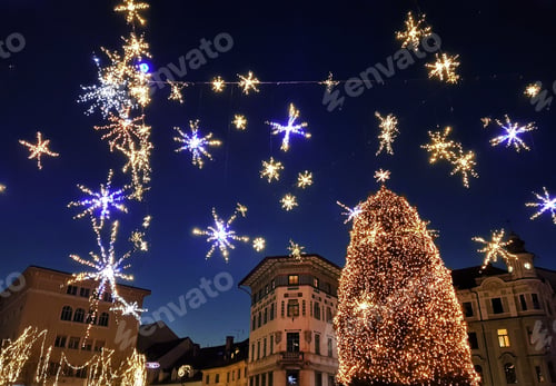 Preview: Night photo of Christmas decorations and lights in city of Ljubljana, Slovenia.