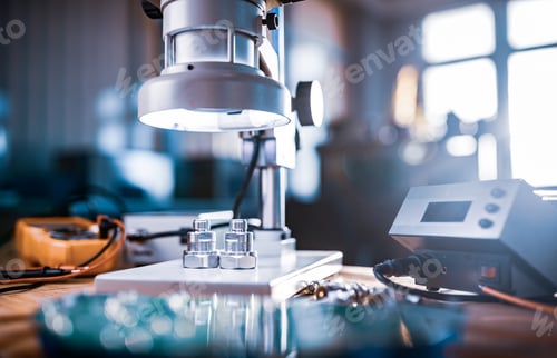 Preview: Modern microscope, connectors component and large green microcircuit in workshop laboratory