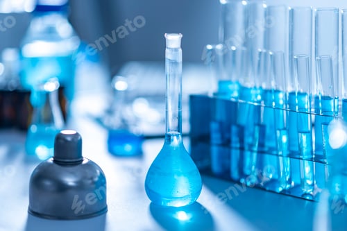 Preview: Researchers are using glassware and blue solutions in laboratories