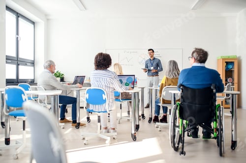 Preview: Group of senior people attending computer and technology education class