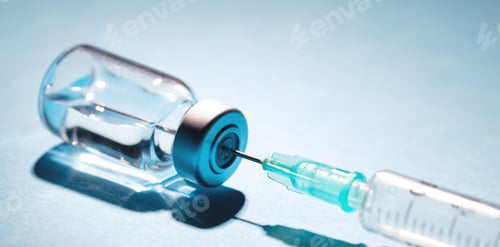 Preview: Vaccine vial dose and syringe against blue background