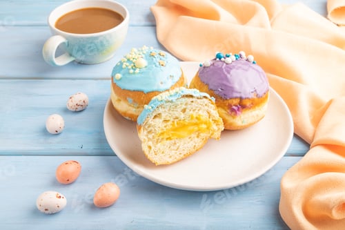 Preview: Purple and blue glazed donut and cup of coffee on blue wooden, side view.