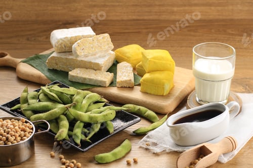 Preview: Soy Product: Raw Tofu, Tempeh, Soy Milk, Soy Sauce, and Soy Bean. Concept of Healthy Vegetarian Food