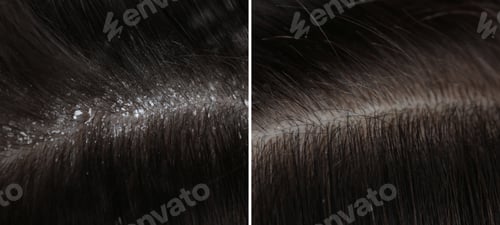 Preview: Man showing hair before and after dandruff treatment, collage