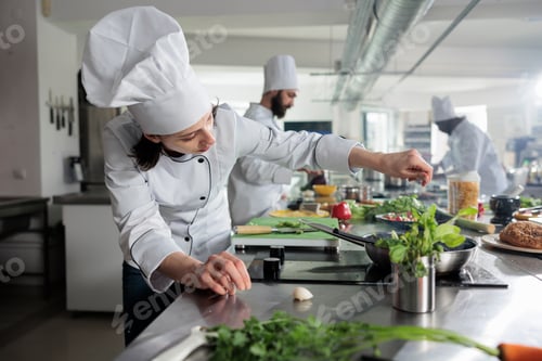 Preview: Culinary expert seasoning food while cooking gourmet dish served in fine dining restaurant