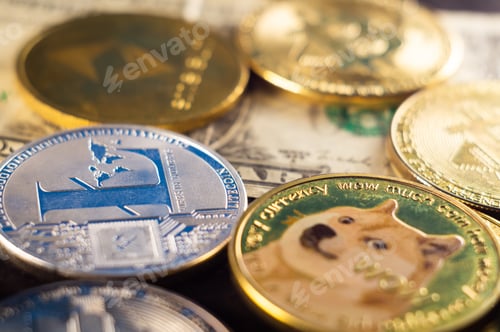 Preview: Different cryptocurrency cash coins on a paper money