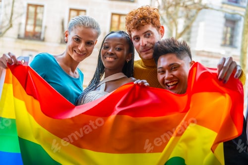 Preview: Couples of gay guys and girls lesbian in a portrait with rainbow flag, lgtb concept