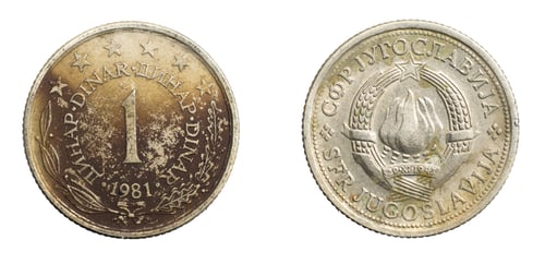 Preview: Yugoslavia one dinar coin on white isolated background